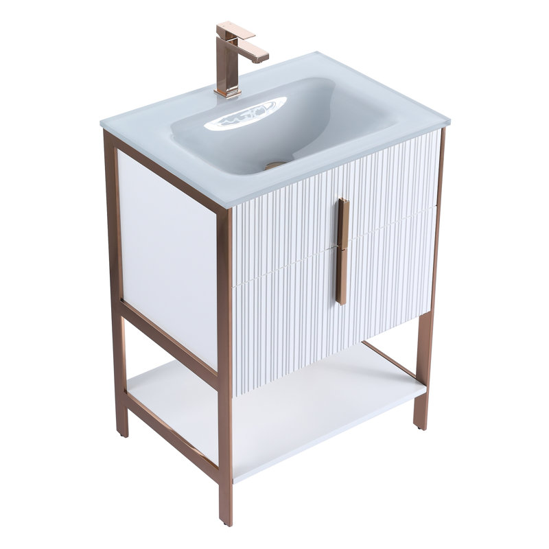  Meuble-lavabo moderne avec plateau en verre blanc Serenity, Blanc mat / or rose, 24"
