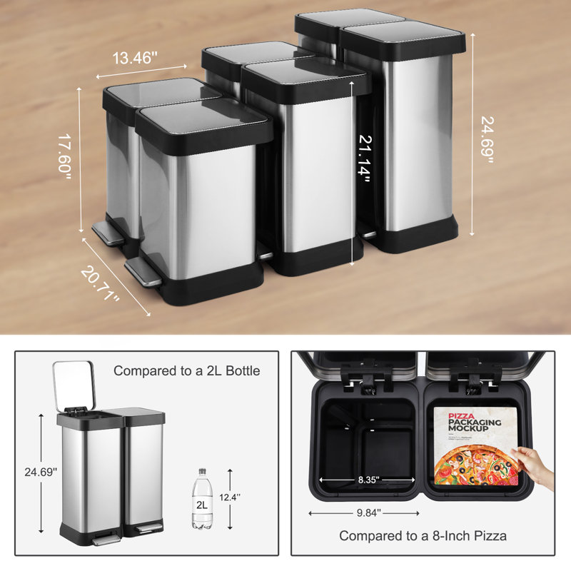Steel Step On Multi-Compartments Trash & Recycling Bin - 16 Gallons