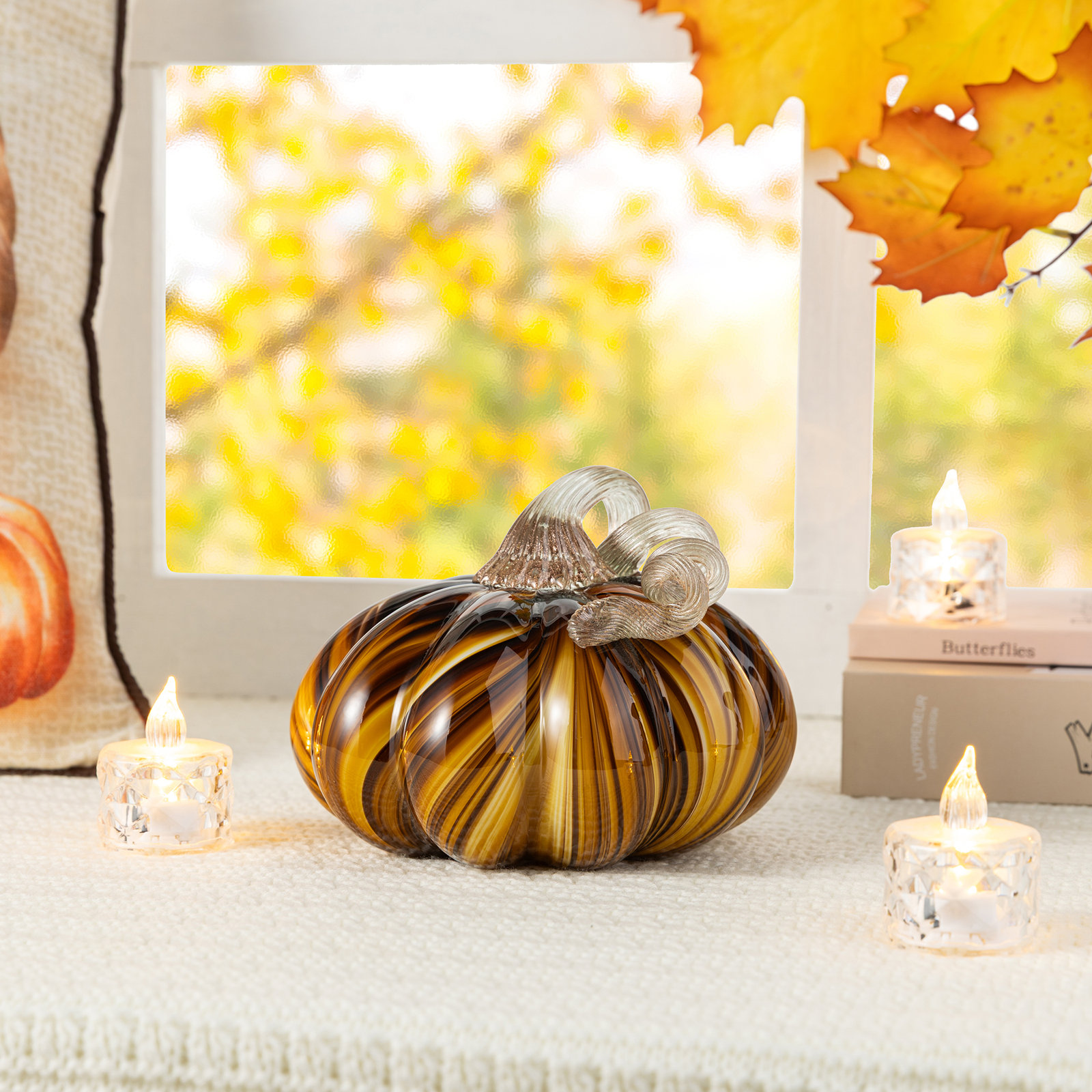 5.75"D X 4.75"H Multi Brown Striped Glass Pumpkin, Brown