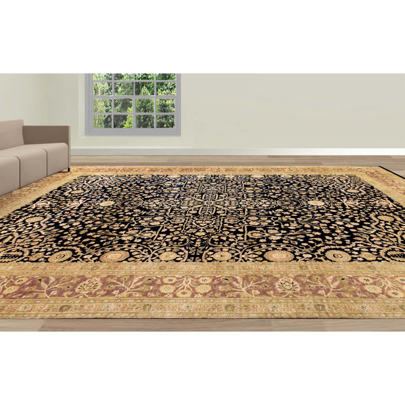 Tapis oriental rectangulaire en laine noué à la main beige / noir, Rectangle de 5 pi x 8 pi