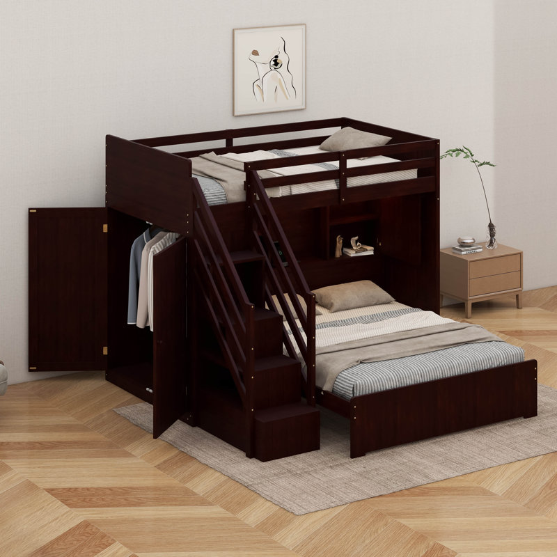 Twin Over Full Bunk Bed With Charging Station And LED Lights, Solid Wood Bunk Bed With Shelves,Stairs And Wardrobe, Espresso