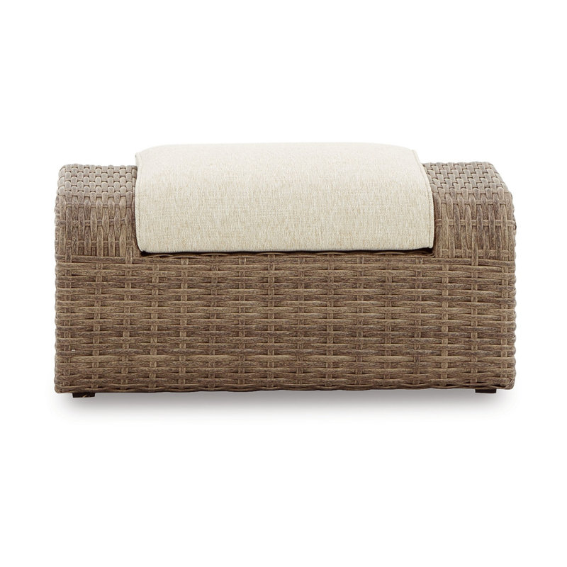 Beige Resin Wicker Outdoor Ottoman with Cushion