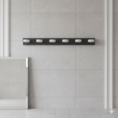 A Sleek 45-Inch Modern Vanity Light With 6 LED Lights In Black, Designed As A Wall Fixture For Mirrors, Showers, And General Bathroom Decor.