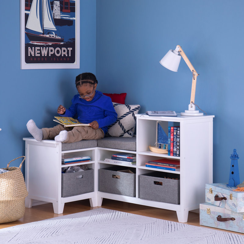Creamy White Wooden Kids' Corner Reading Nook with Storage Cubes