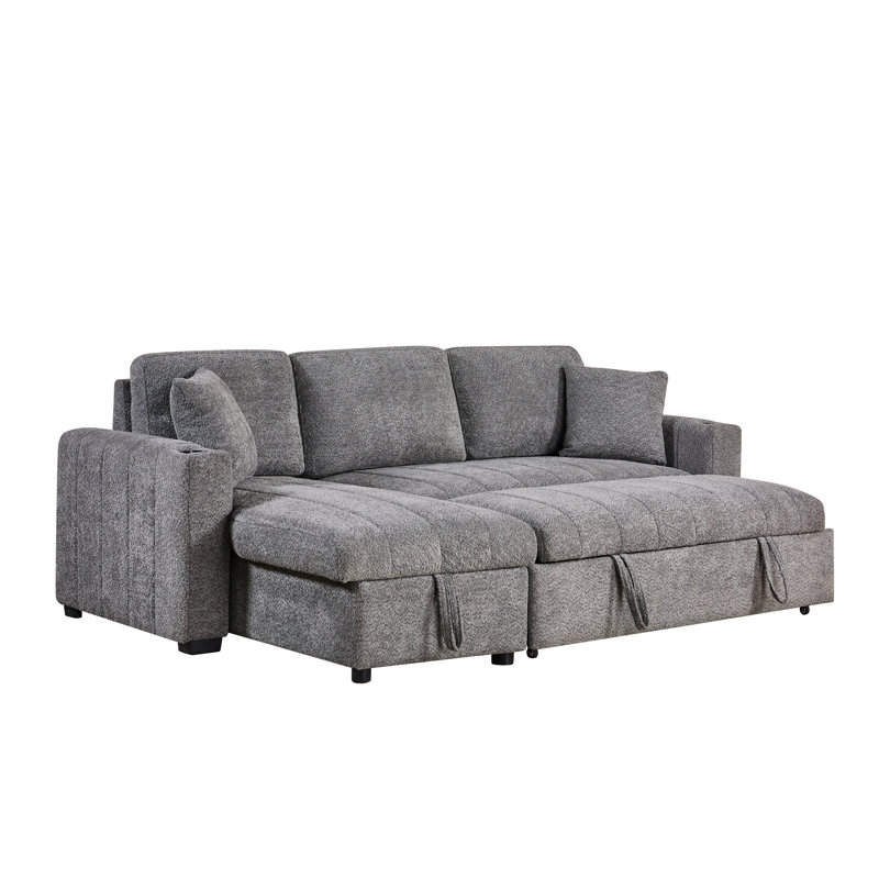 96" Gray Boucle Fabric Reversible Sleeper Sectional Sofa With Storage Chaise, Cupholders, Usb Charging Port, And Throw Pillows