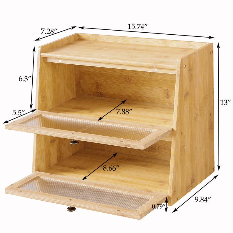 Double Layer Large Bamboo Bread Box For Kitchen Counter, Wooden Large Capacity Bread Storage Bin With Window Bread Holder (Brown)