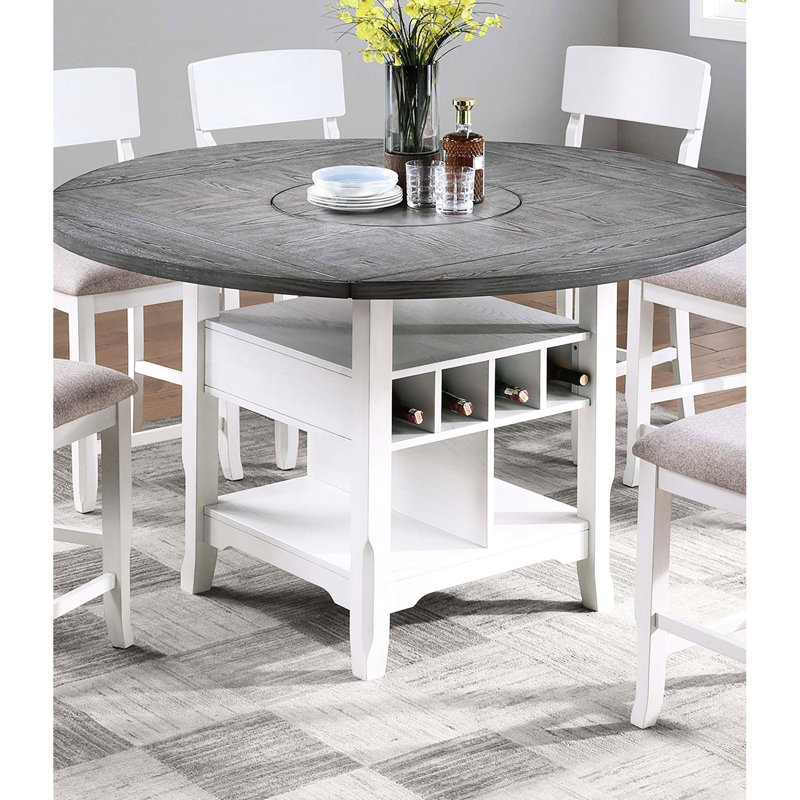 Table de cuisine transitionnelle, plateau rond / carré, blanc antique et gris, feuille intégrée, 6 places assises pour les repas des Fêtes