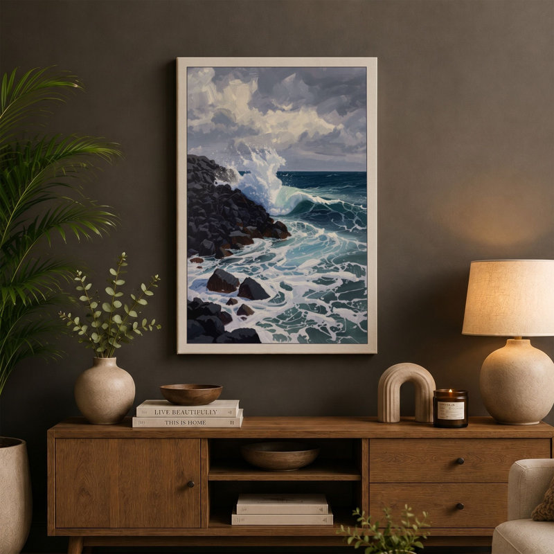Waves Against Stone Coastal - Wrapped Canvas, 36x24 - 91.4 x 61.0 cm, Cream Border