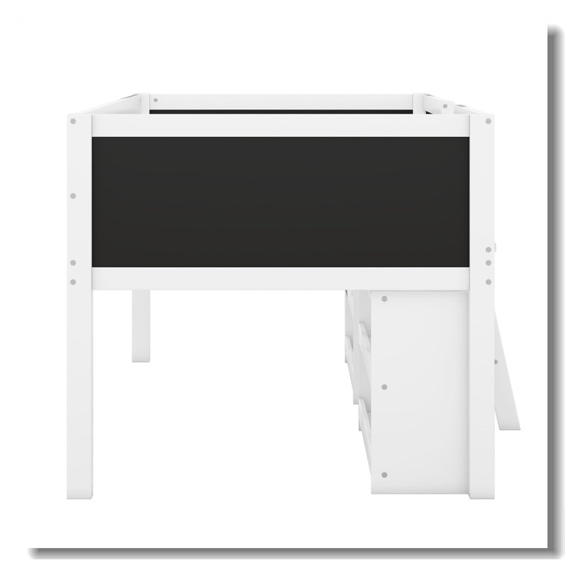 Lit mezzanine simple simple avec deux tablettes et échelle mobiles, Blanc / Blanc