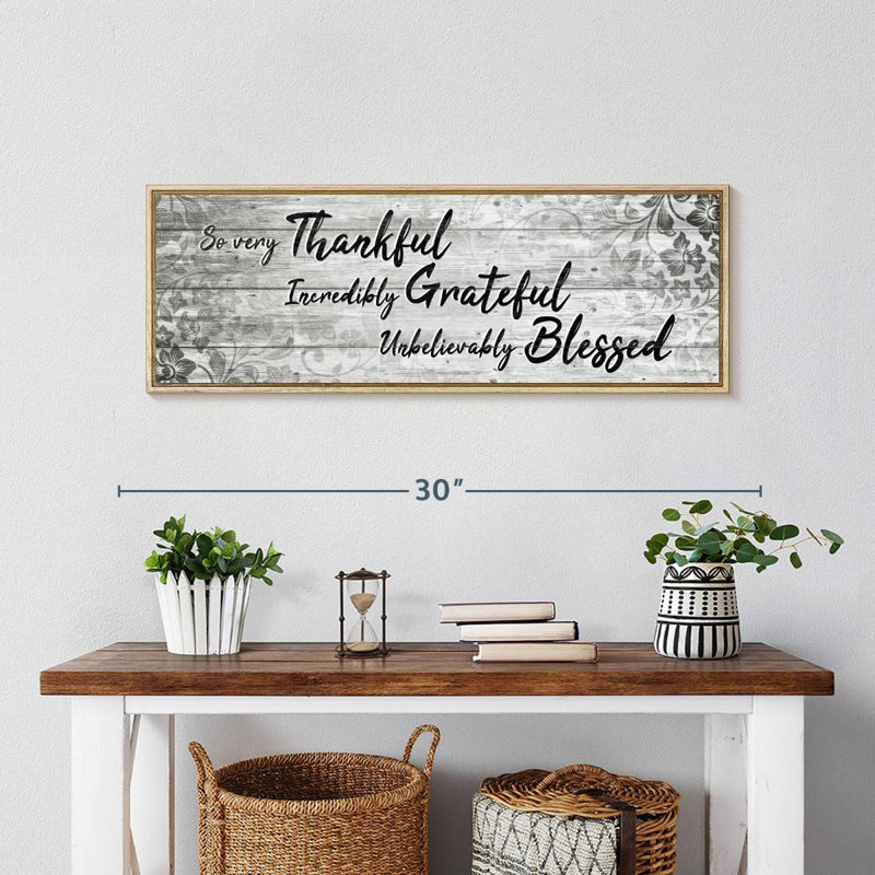 Plaque murale «Thankful Grateful Blessed IV», Cadre flottant en bois naturel, 28 po x 10 po
