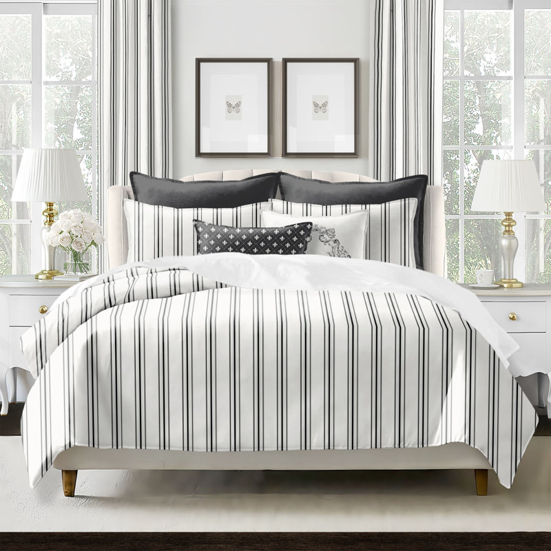 August Stripe Reversible Cotton Duvet Cover Set, Super King Duvet Cover + 2 King Shams, Ebony