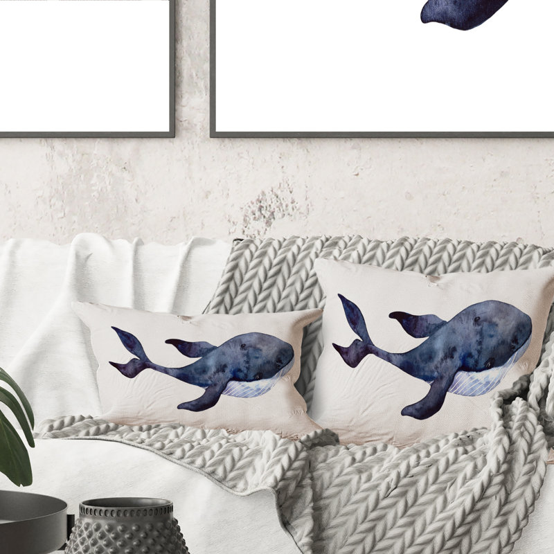 Coussin 12 "x 20" Blue Whale On White IV - Nautical & Coastal