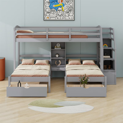Triple Bunk Bed With Drawers, Staircase With Storage, Built-In Shelves
