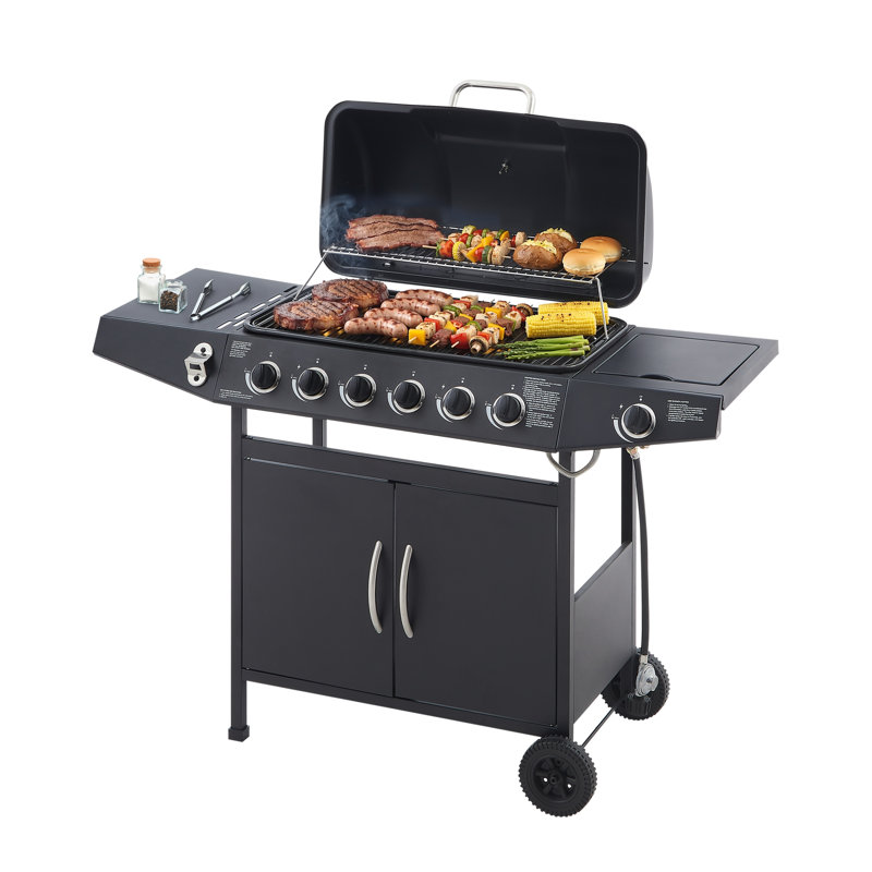 Barbecue au propane à 6 brûleurs avec brûleur latéral, station de barbecue extérieure en acier noir 59 000 BTU
