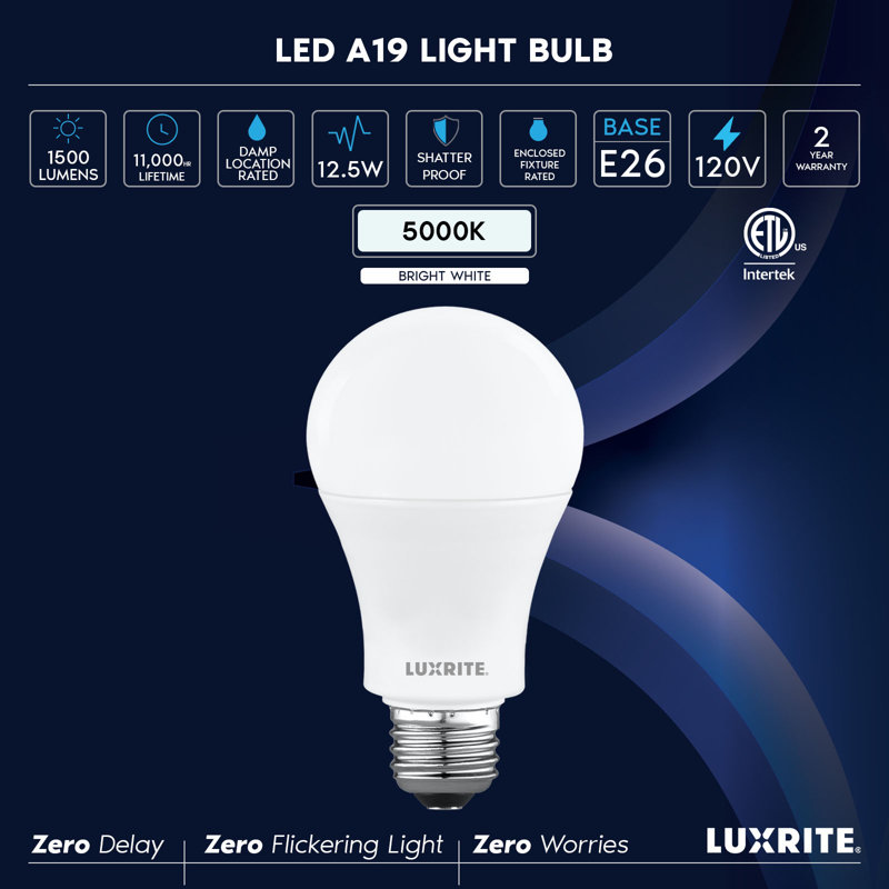 Ampoule DEL Luxrite A19 12,5 W = 100 W, 5 000 K, 5 000 lumens, blanc, 1500 LM, ampoule à DEL standard à intensité variable, non incluse