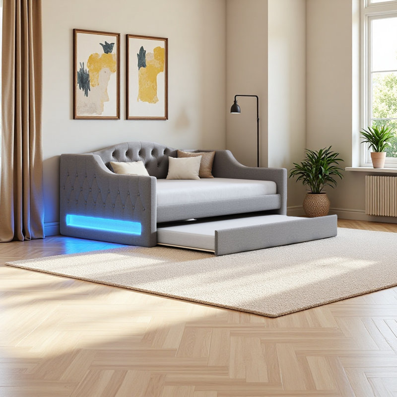Upholstered Full XL Size Daybed With LED Belt And Trundle, Gray