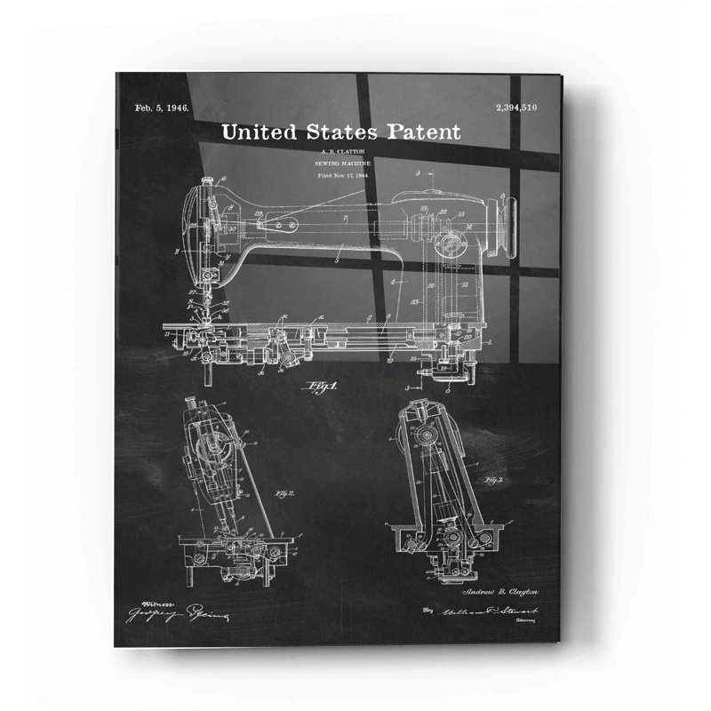 «Sewing Machine Blueprint Vernis Chalkboard», art mural en verre acrylique, H 16 po x l 12 po x P 0,12 po