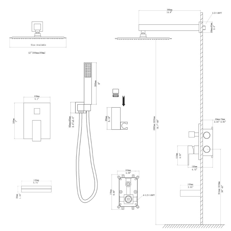 Matte Black 12-Inch Dual Shower Head Wall Mounted System