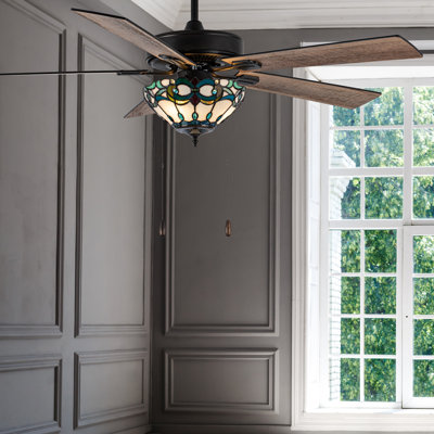 52"W Khat 5-Blade Remote-Controlled Stained Glass Ceiling Fan