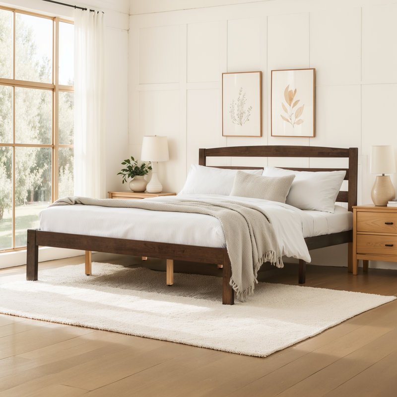 12 Inch Solid Wood Platform Bed Frame with Headboard, No Box Spring Needed and Easy Assembly, Queen, Brown