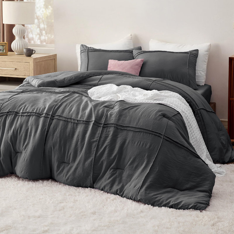 Bedsure Prewashed Pinch Pleat Bedding Sets, Queen Comforter + 3 Additional Pieces, Dark Gray