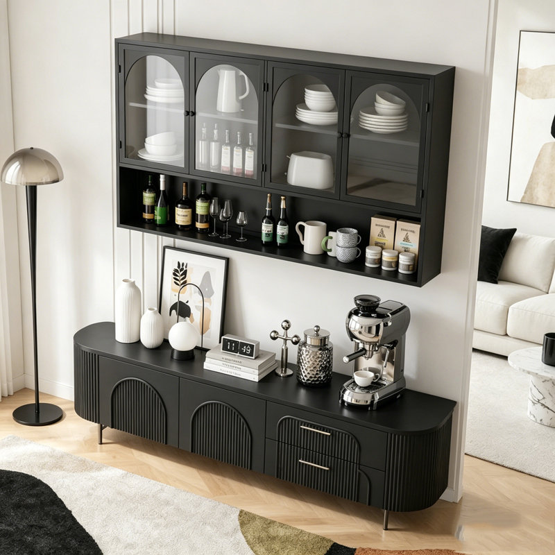 Armoire murale en verre à quatre portes avec cadre en fer, Black