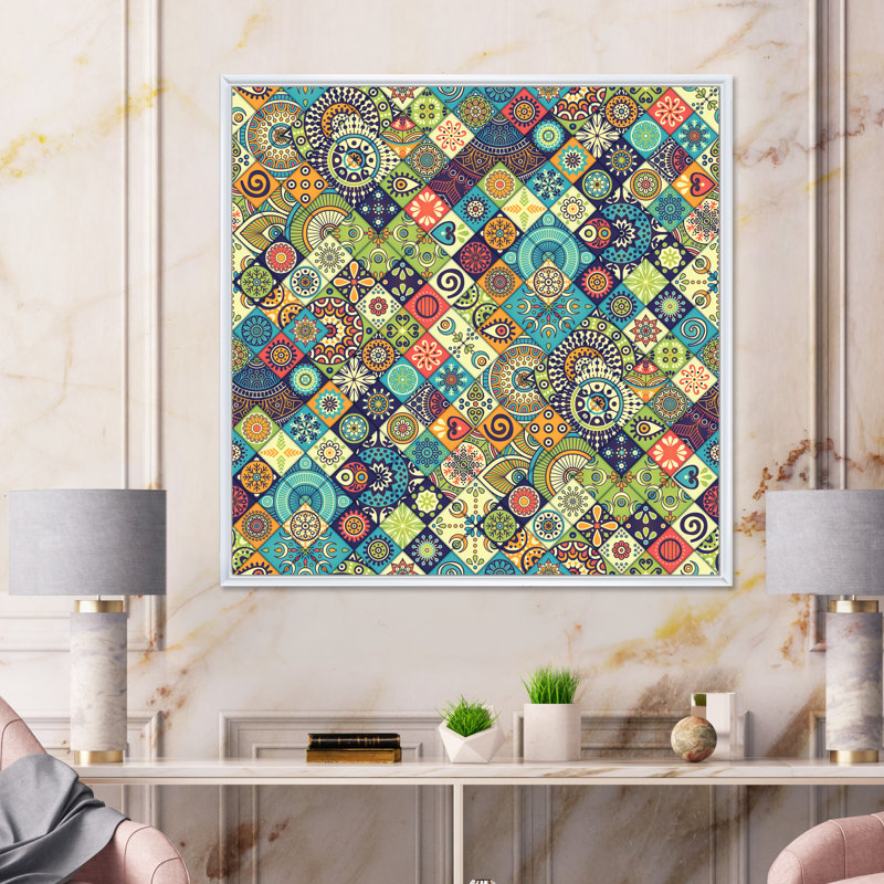 «Ethnic Floral Geometrics», impression sur toile, H 31 po x l 31 po x P 1 po, Cadre blanc