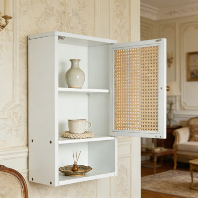 Armoire de salle de bain murale avec portes en rotin et tablette réglable, rangement au-dessus de la toilette pour la salle de bain, la cuisine, la salle de lavage et le salon