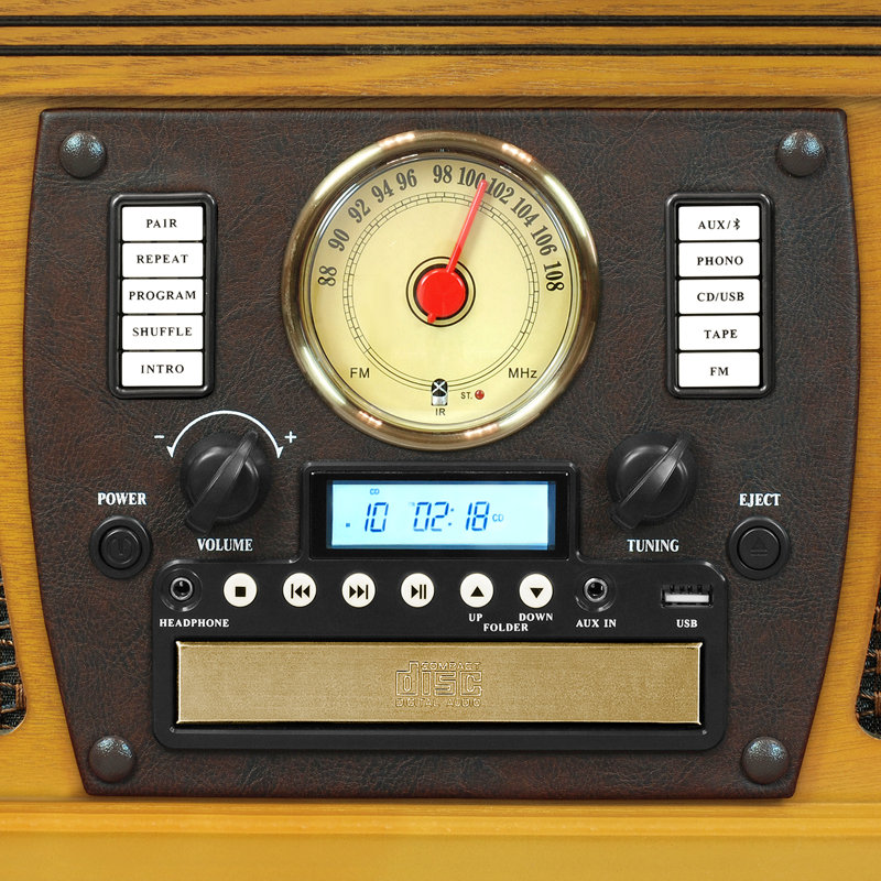 Oak Vintage Style Bluetooth Record Player with USB and AM/FM Radio