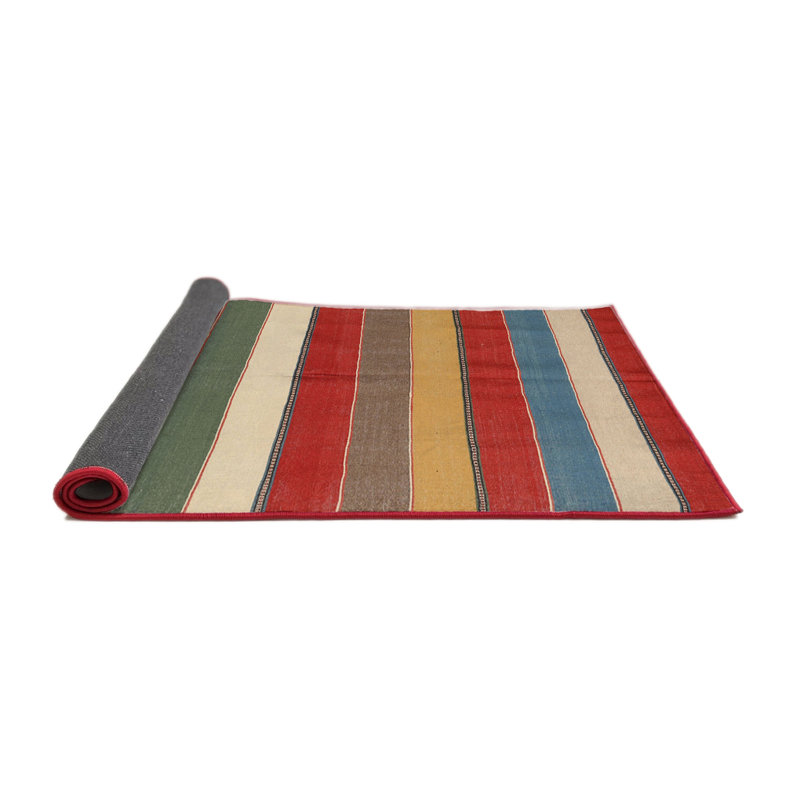 Tapis contemporain rouge / beige / bleu Platte, Rond 5 pi