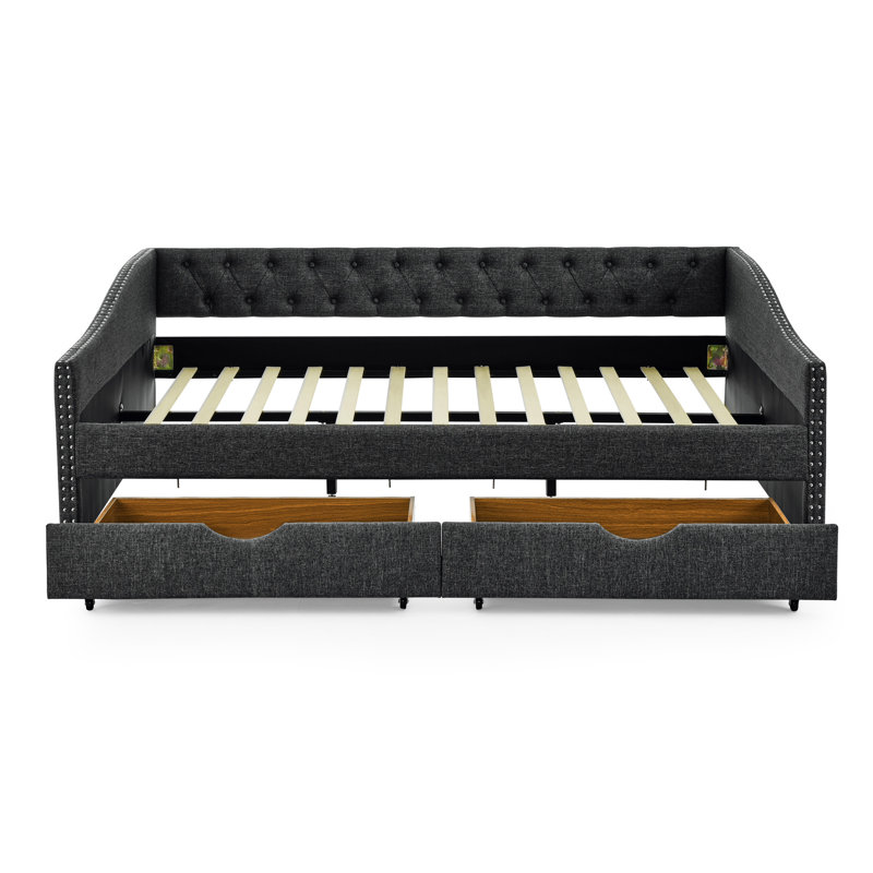 Daybed With Drawers Upholstered Tufted Sofa Bed,,With Button On Back And Copper Nail On Waved Shape Arms, Dark Gray