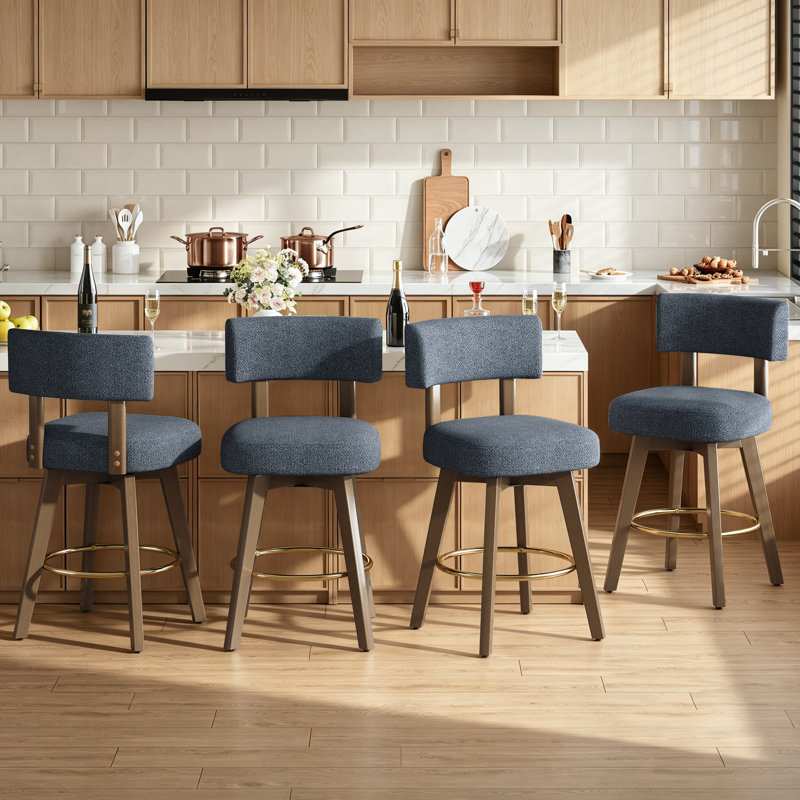 Tabouret de bar pivotant rembourré avec structure en bois massif et repose-pieds plaqué or, Bleu
