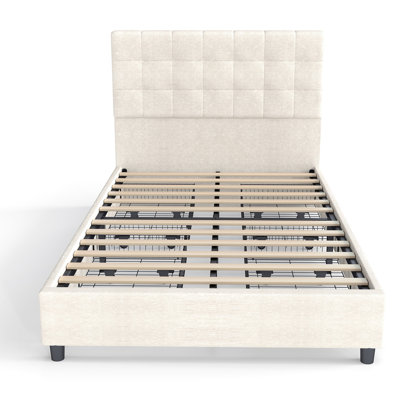 Structure de lit double avec 4 tiroirs de rangement et tête de lit tapissier, lit plateforme capitonné à canal vertical avec 12 lattes en bois - capacité de 800 lb, aucun sommier nécessaire
