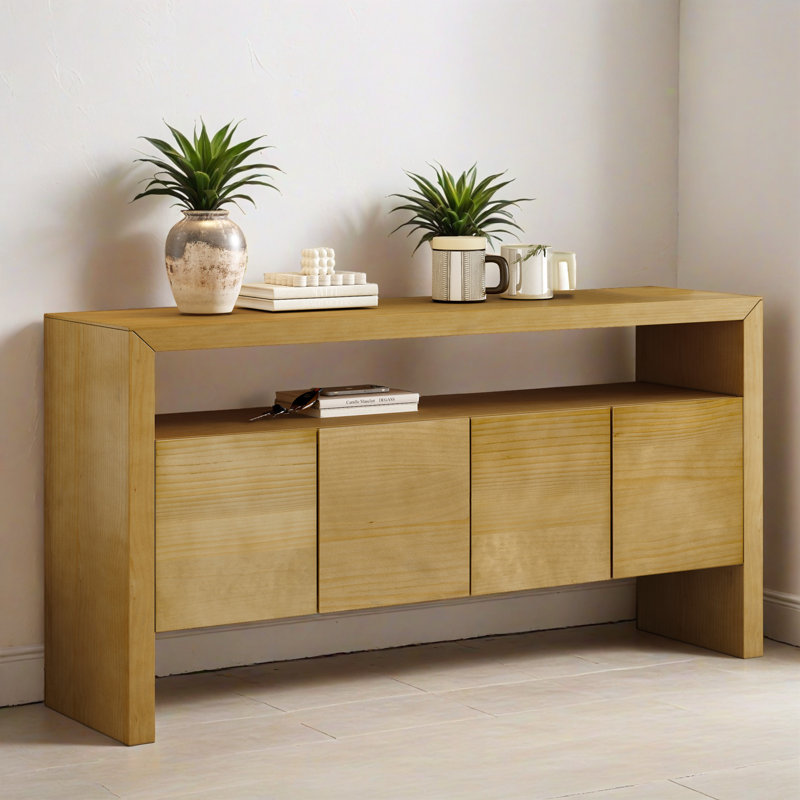 Armoire d'appoint 60,02 po à 4 portes, armoire d'appoint moderne en bois massif minimaliste avec tablette ouverte, console de rangement pour le salon, couloir