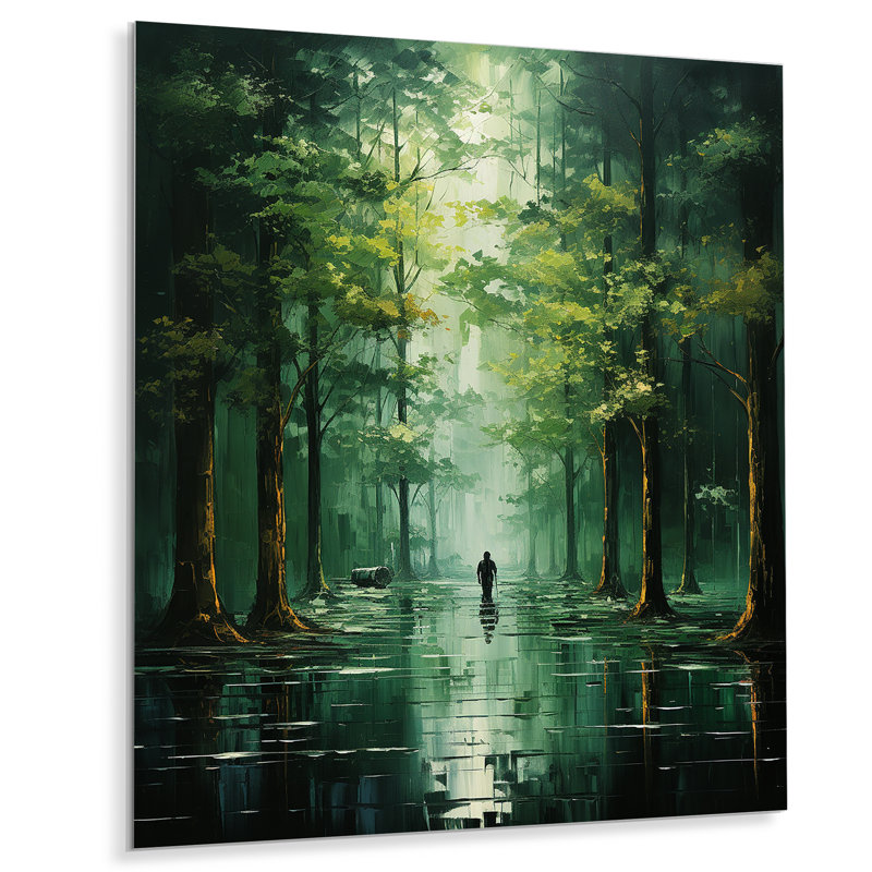 Solitude dans la forêt d'émeraude II - paysage et nature, art mural en métal, H 20 po x l 12 po x P 1 po