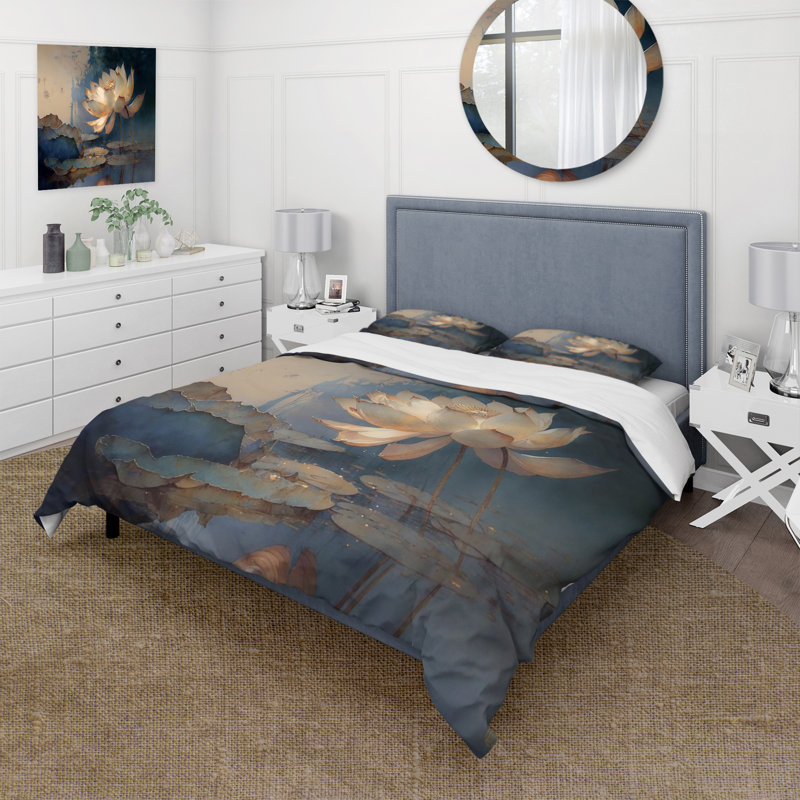 Ensemble de housse de couette en microfibre / polyester blanc rétro Lotus at Dawn Bedding