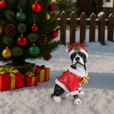 Christmas Boston Terrier Statue, Holiday Dog Figurine in Santa Outfit