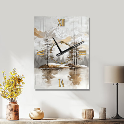 Glacier Reflection Pines I - Grande horloge murale en métal pour cabane