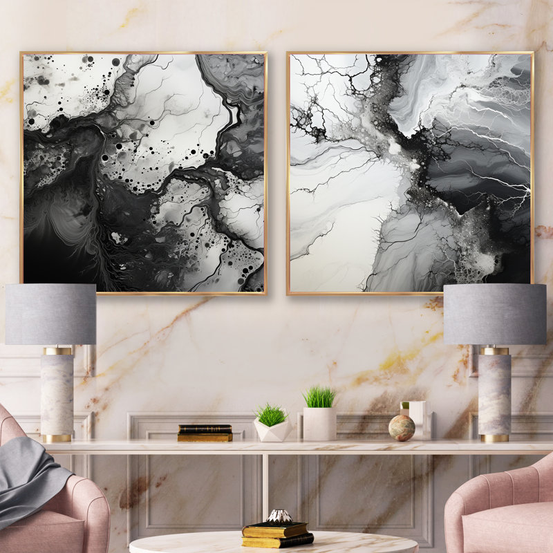 Encre liquide noire et blanche - Ensemble de 2 collages carrés à encre liquide abstraite, Cadre flottant doré