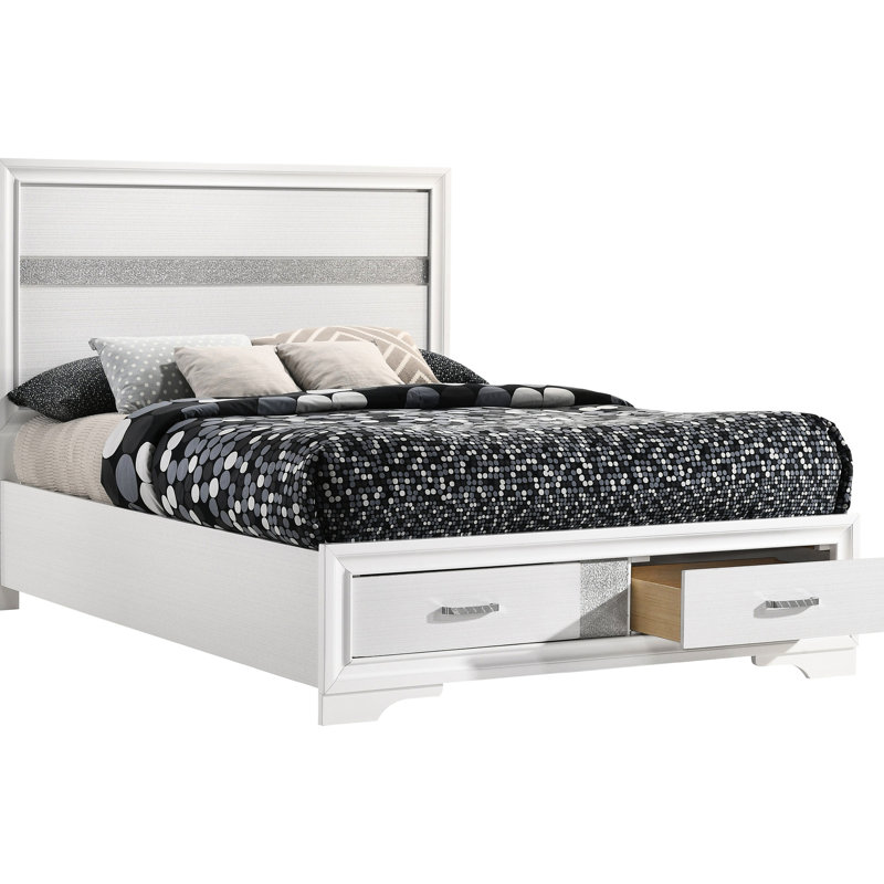 Lit double à panneau de rangement complet blanc, tiroirs peu encombrants, finition fraîche pour le décor de la chambre à coucher, fabriqué en bois massif et structure large, tête de lit structurée, bois franc asiatique,