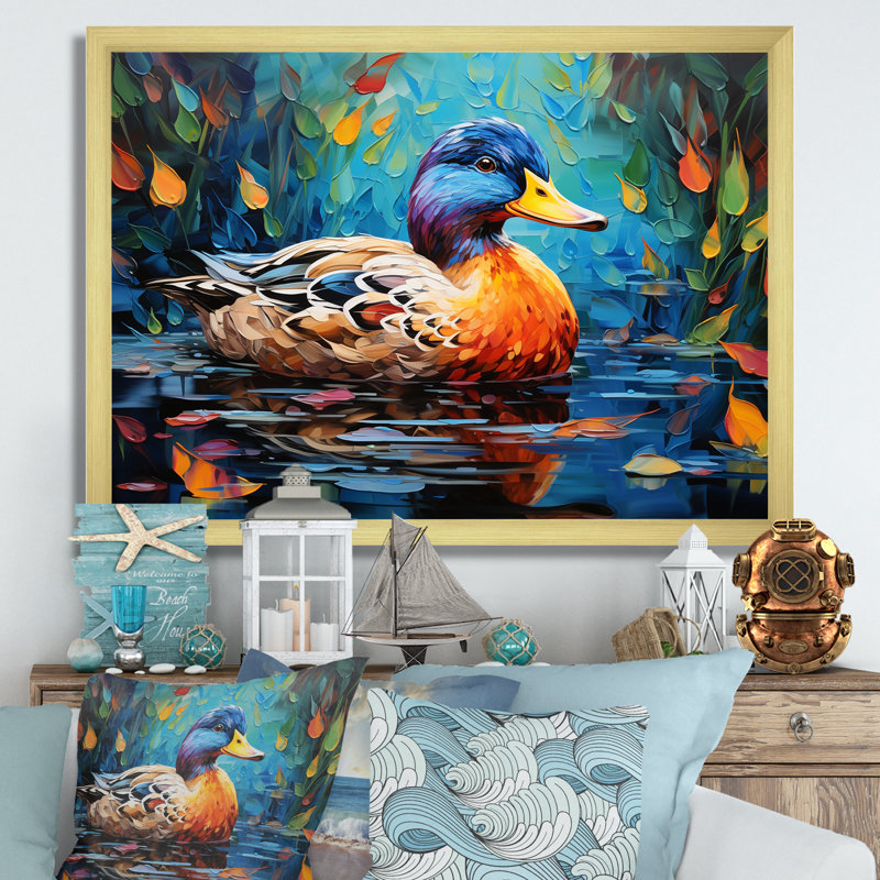 Fauve canard II, art mural, Cadre d'angle fermé doré, H 34 po x l 44 po x P 1,5 po