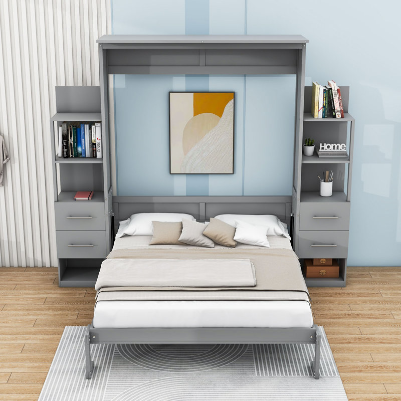 Lit escamotable polyvalent avec tablettes de rangement et tiroirs Sebatian, gris, Grand