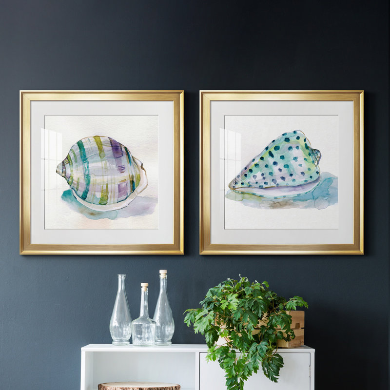 Malecon Shell III - ensemble de 2 reproductions d'art sur toile tendue, Papier avec cadre doré, Blanc