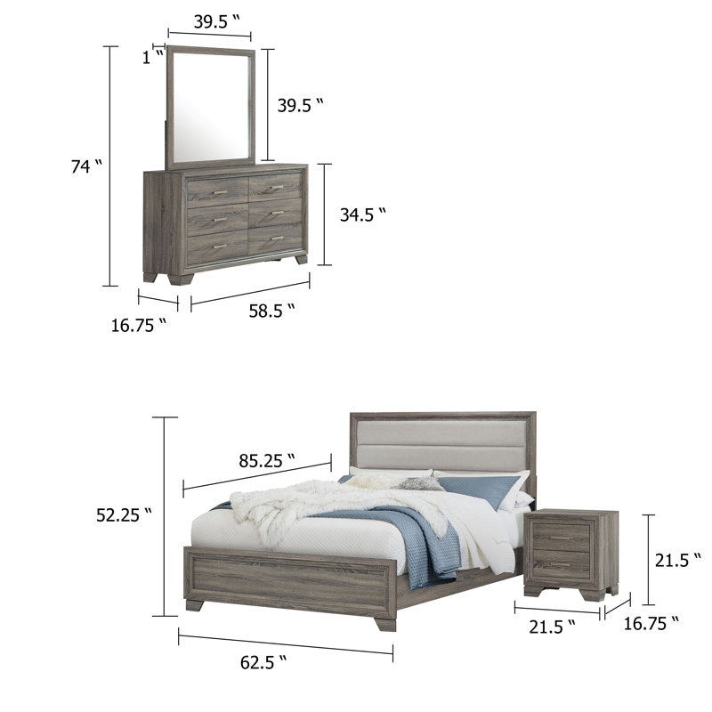 Ensemble de chambre avec grand lit 4 pièces Reay, tapissier, brun gris, Grand