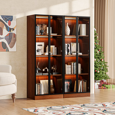 63''h 4-tier Walnut Finish Glass Display Shelves For Collectibles, Mid Century Modern Wooden Curio Cabinet With Storage And Glass Doors, Brown Hutch Case With Light For Living Room And Kitchen, Pack Of 2