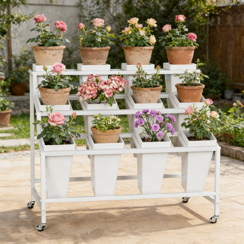 Présentoir à fleurs à 3 niveaux avec 12 seaux amovibles - Chariot de fleuriste en métal robuste avec roues verrouillables pour l'intérieur et l'extérieur