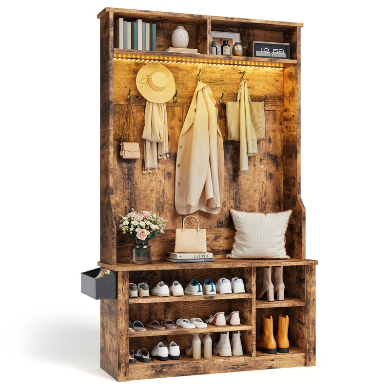 LED Farmhouse Hall Tree – with Bench, Shoe Storage, Side Baskets & Hooks for Entryway, Rustic Brown