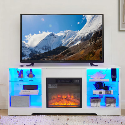 Meuble télé pour téléviseur de 62 po et moins avec tablettes en verre et foyer électrique avec lumières DEL en bois et prise de charge USB Centre de table de télévision moderne pour téléviseur de 62 po ou moins