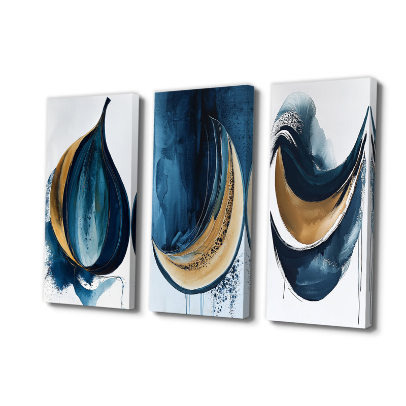 «White and Blue Folk Fruit Abstract I», impression d'art abstrait rouge sur 3 panneaux, H 32 po x l 48 po, Toile tendue