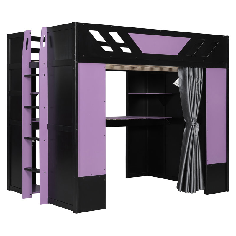 Full Loft Bed With Lighted Computer Desk, Keyboard Tray, Storage Shelves And Blackout Curtain, Purple